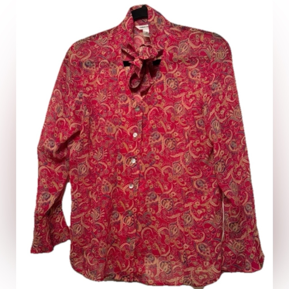 Richard Malcolm Women’s 100% Silk Sheer Blouse, Necktie, Feminine, Red Paisley